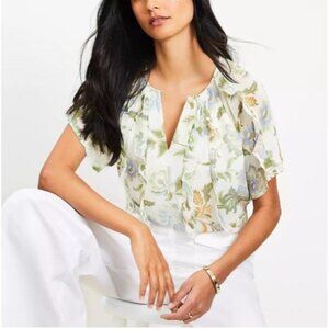 LOFT Top Womens Large Floral Ruffle Flutter Sleeve Chiffon Flowy Cottagecore